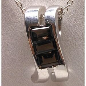 1990's Vintage Sterling‎ Silver Smokey Topaz Gemstone Pendant Necklace 18" Chain